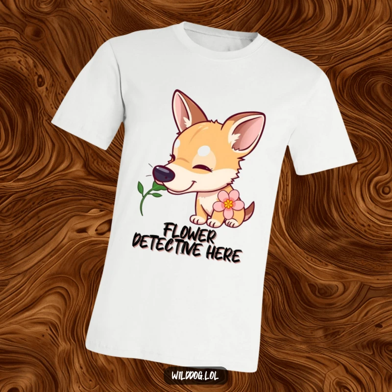 Funny wild dog t-shirt featuring a curious dog with a tilted head delicately sniffing a blooming flower, symbolizing gentle exploration and nature's beauty.