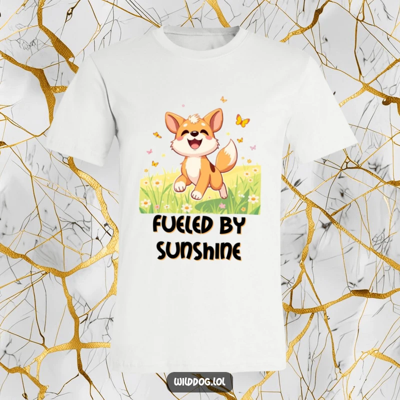 Funny t-shirt depicting a joyful wild dog with a furiously wagging tail, chasing butterflies in a bright, sunlit meadow.