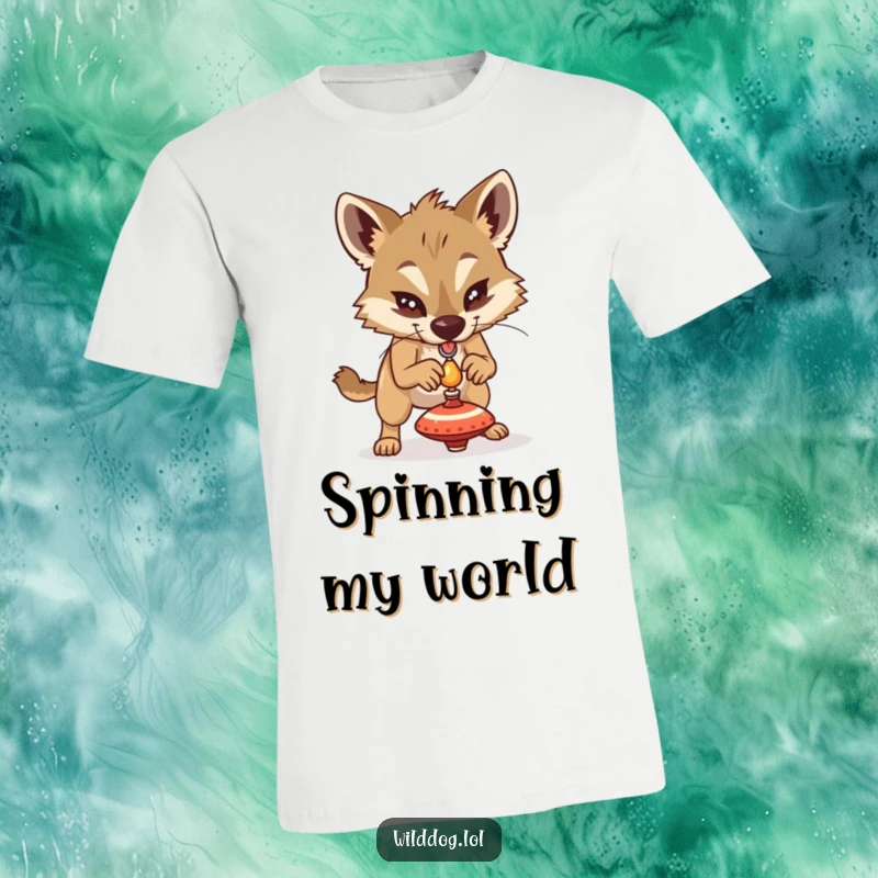 Funny wild dog concentrating hard to balance a tiny spinning top, depicted on a comfortable t-shirt for a humorous statement.