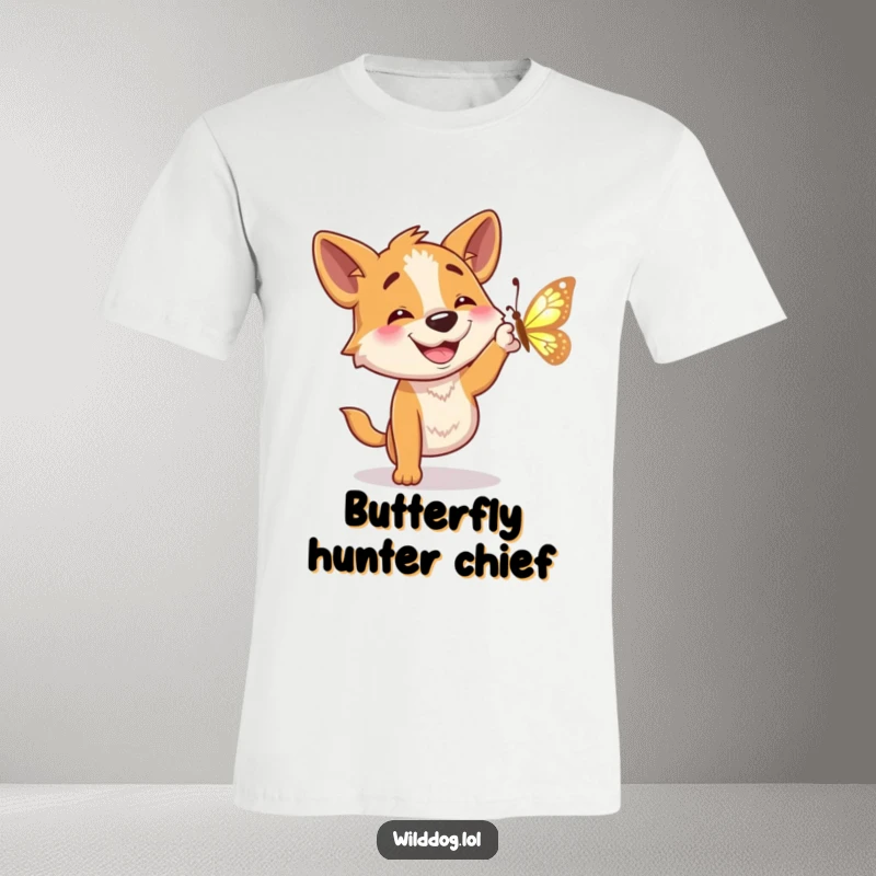 Funny t-shirt featuring a happy wild dog character with a wide grin leaping to catch a beautiful shimmering butterfly.