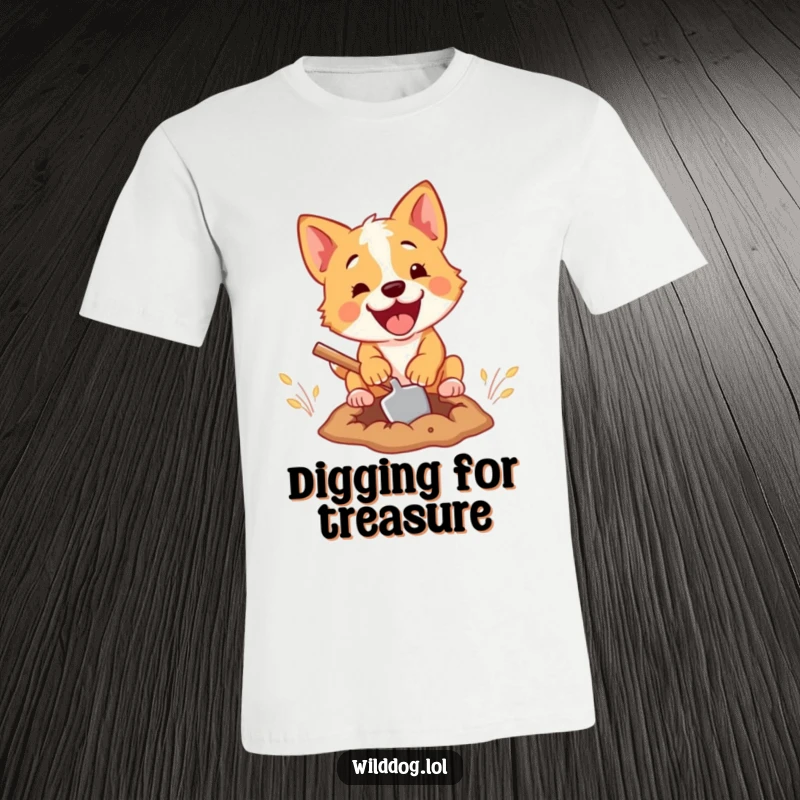 Funny T-shirt featuring a wild dog hilariously using a tiny shovel to dig a hole with intense focus and furry excitement.