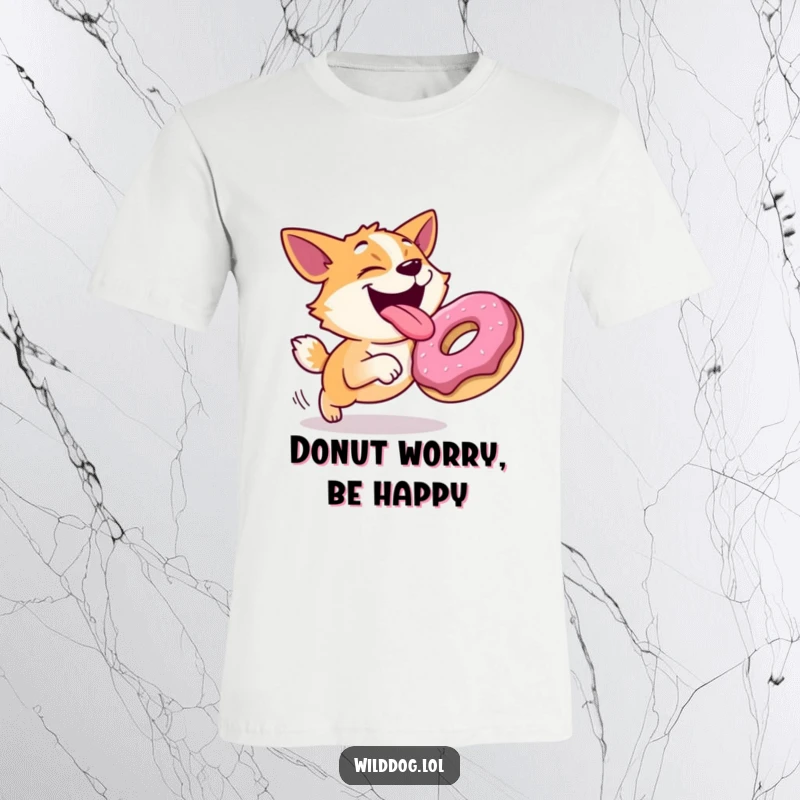 Funny t-shirt with a joyful dog with its tongue out, gleefully chasing a rolling donut, capturing playful energy.