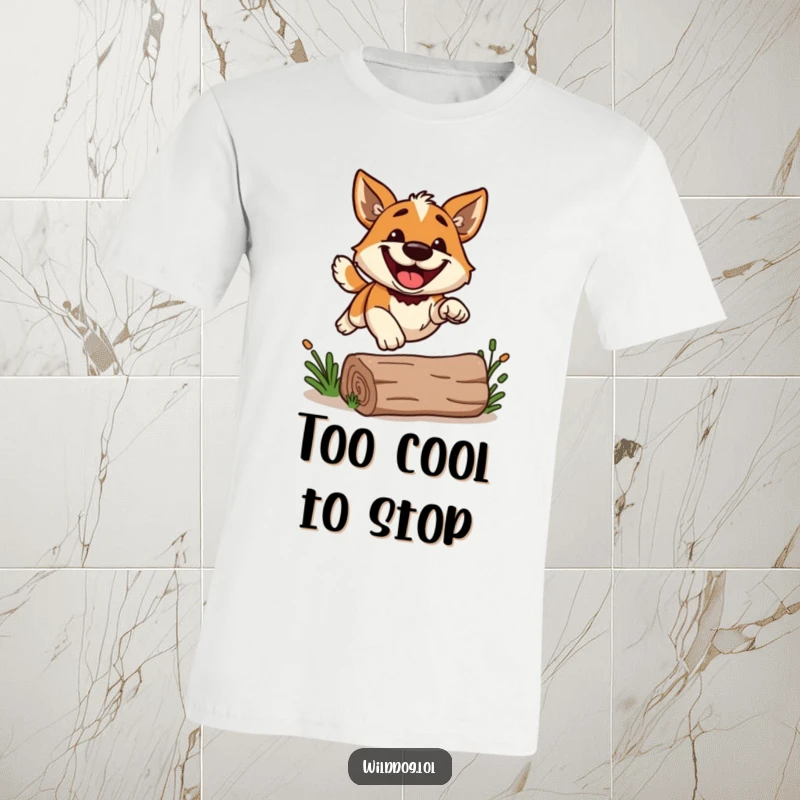 Funny wild dog with a huge grin, leaping over a log, printed on a t-shirt, conveying pure joy.
