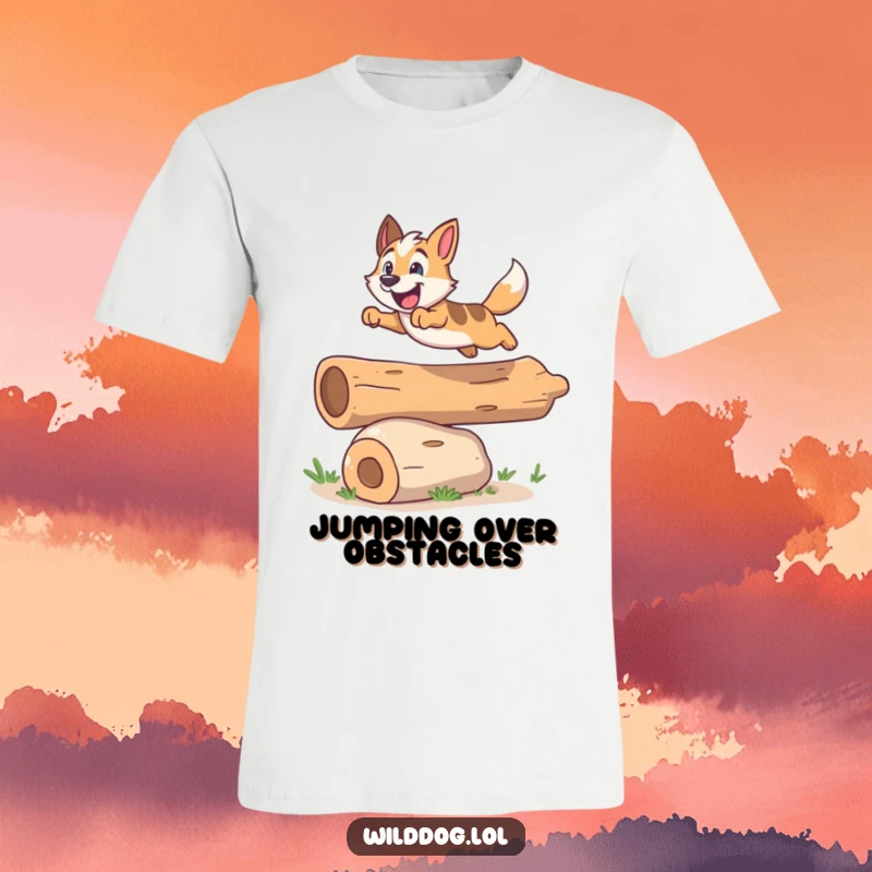 Funny t-shirt depicting a happy wild dog mid-leap, exuberantly clearing a small, cheerful log with impressive agility.