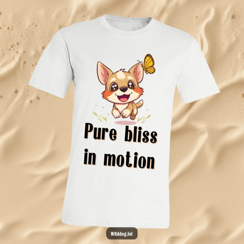 Funny t-shirt depicting a wild dog with wide, joyful eyes, enthusiastically chasing a butterfly, embodying playful adventure.