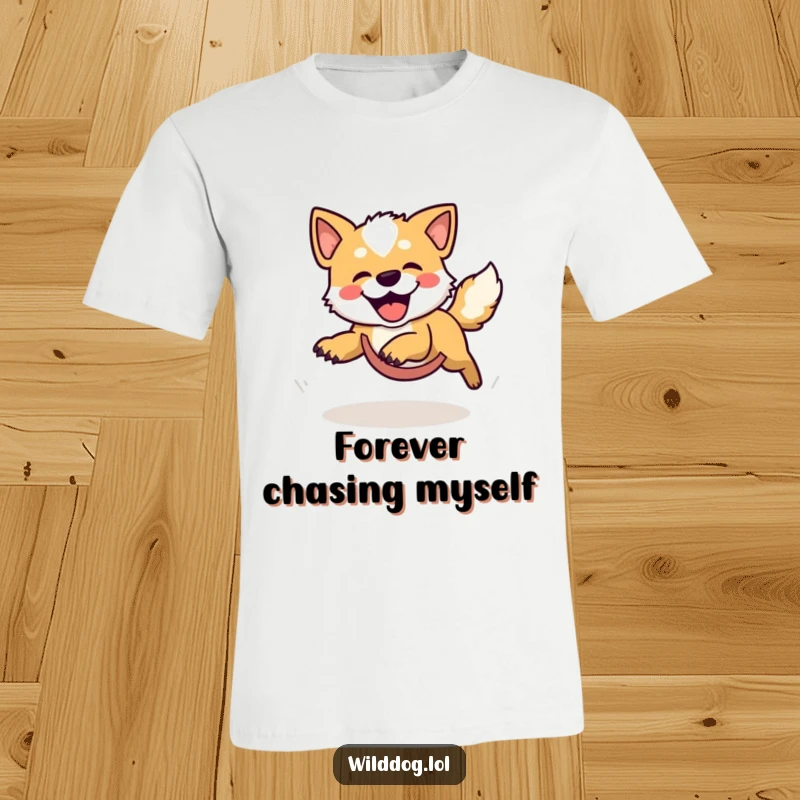Funny T-shirt showcasing a cartoon wild dog in a humorous spin, hilariously chasing its tail in a dizzying circle of pure delight.