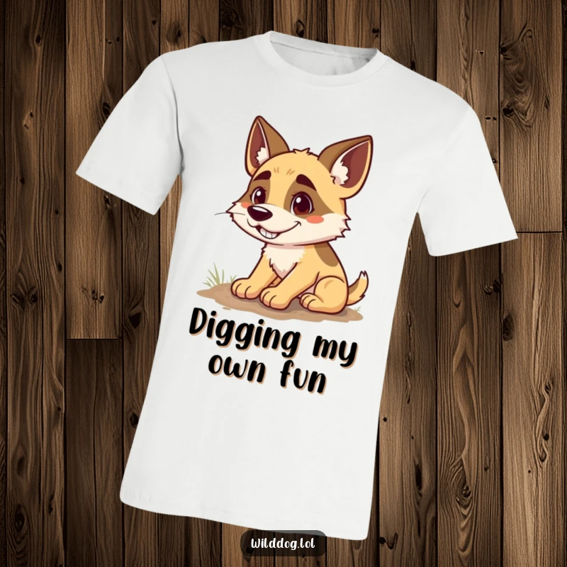 Funny t-shirt print of a wild dog with an infectious, goofy grin, paws busy digging a small hole, capturing a moment of pure canine delight.
