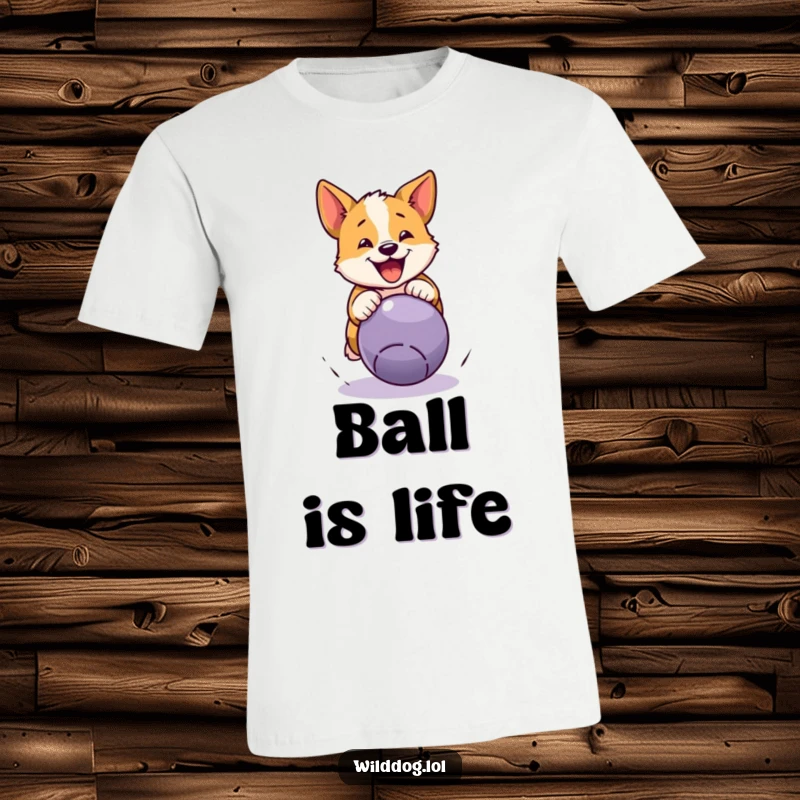 Funny wild dog t-shirt depicting a happy dog mid-air, pouncing on a bouncing ball, a humorous representation of pure excitement.