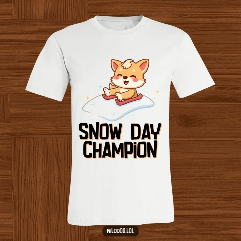 Funny wild dog in mid-slide down a snowy hill, capturing exhilarating winter fun. Perfect funny gift tee.