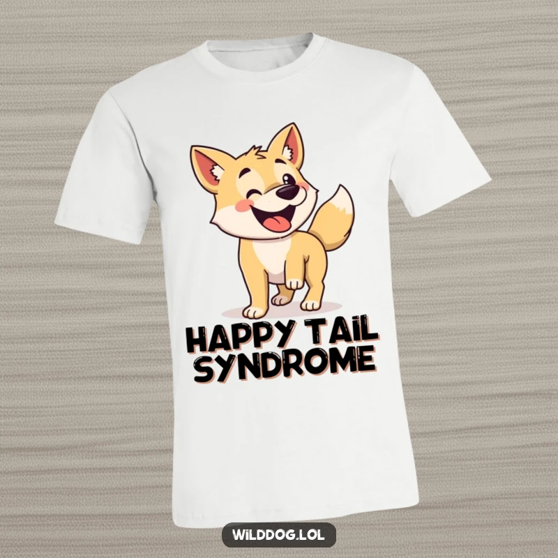 Funny t-shirt depicting a wild dog with its tail wagging energetically, radiating happiness.