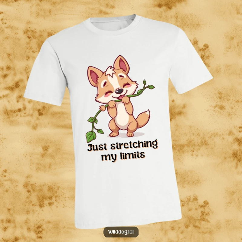Funny t-shirt depicting a wild dog character in a playful tug-of-war, enthusiastically pulling on a long vine with determination and joy.