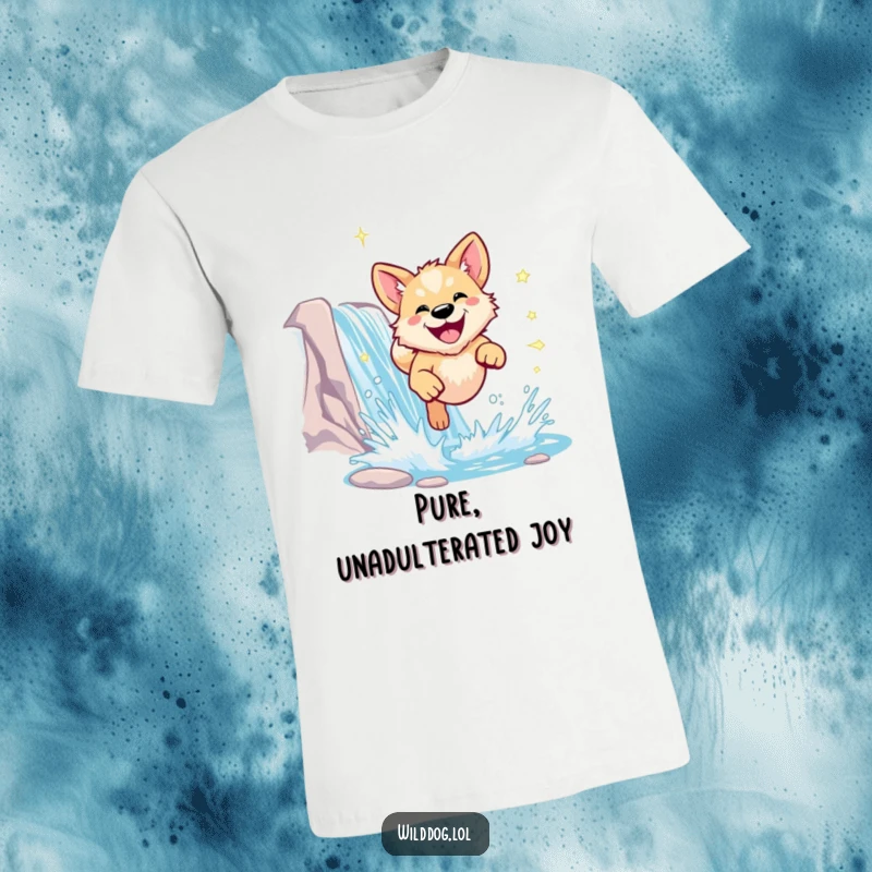 Funny wild dog t-shirt with a dog leaping through a waterfall, conveying pure joy and freedom.