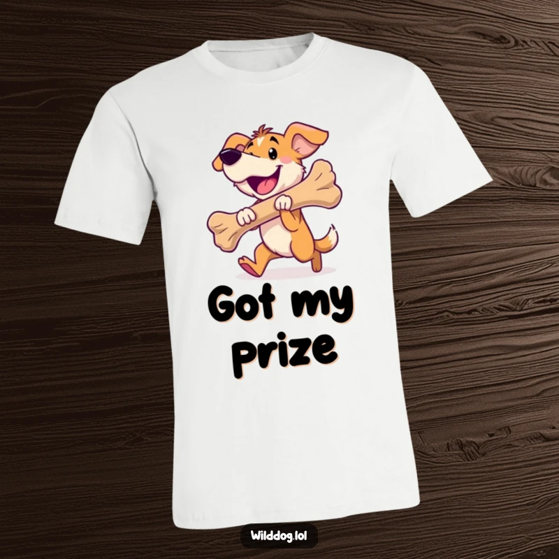 Funny wild dog t-shirt showing a happy dog carrying a large bone, perfect for dog lovers.
