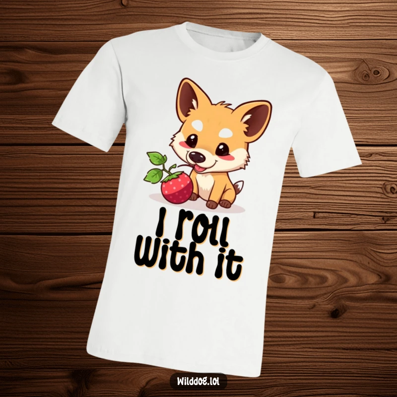 Funny Kawaii Wild Dog T-Shirt: A smiling character playfully nudging a berry, showcasing its joyful and funny nature as a gift.