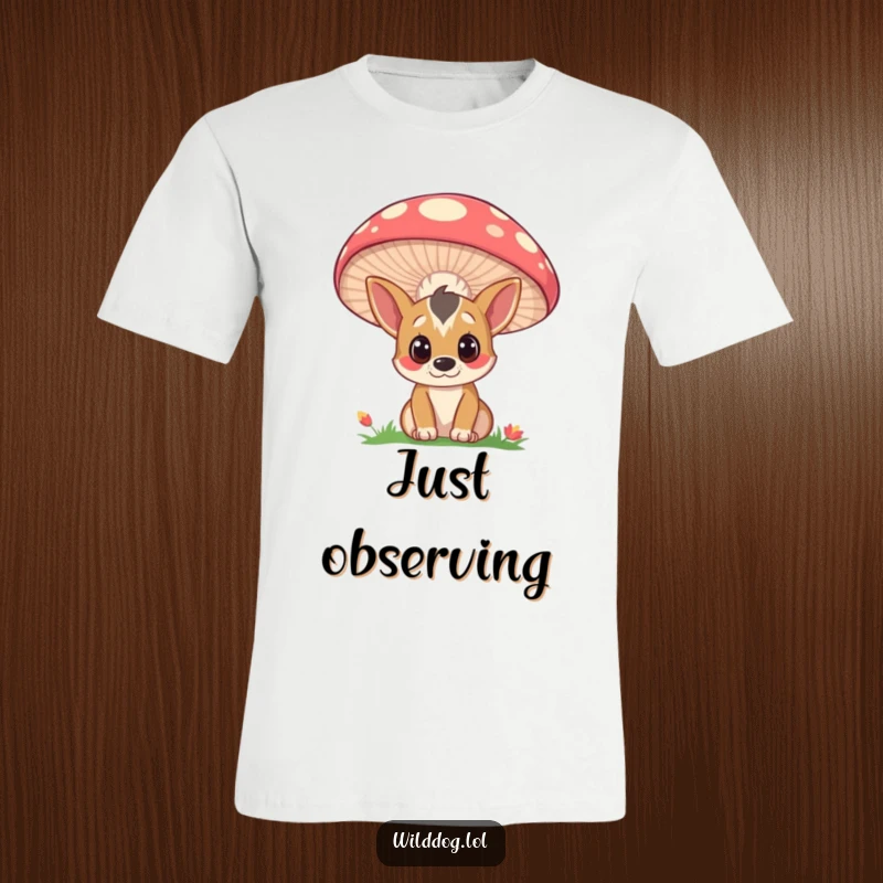 Funny t-shirt showcasing a curious wild dog peeking with wide eyes from behind a large, colorful mushroom, a playful and charming scene.
