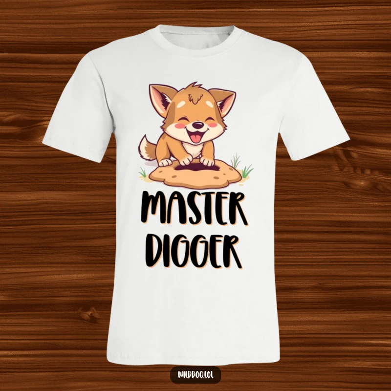 Funny T-Shirt: A wild dog playfully digging a small hole with great enthusiasm, capturing joyful action.