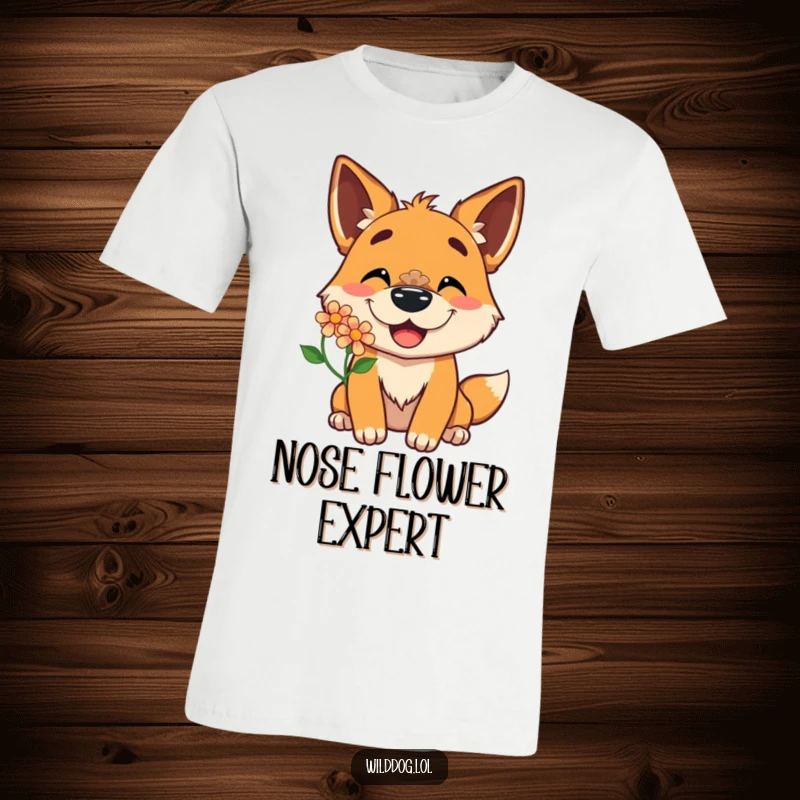 Funny t-shirt with a wild dog character sporting a delighted grin while balancing a flower on its nose, embodying pure happiness.
