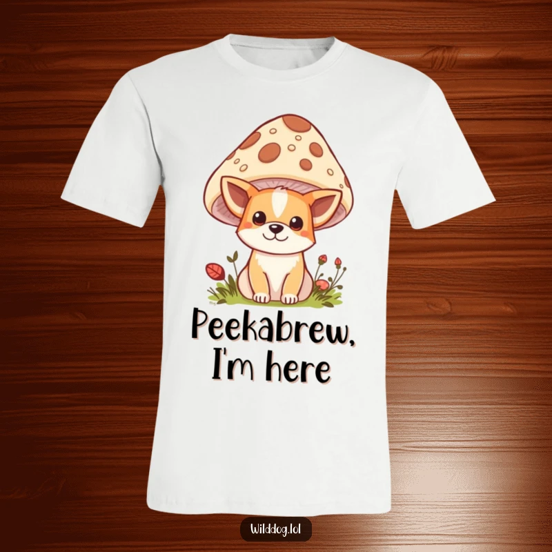 Funny Kawaii Wild Dog T-Shirt: Cute dog peeking from behind a mushroom, showcasing its playful and funny nature as a gift.