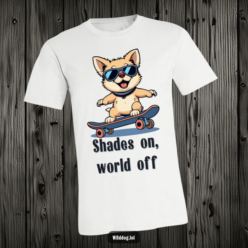 Funny wild dog t-shirt graphic of a dog wearing sunglasses, shredding downhill on a skateboard with style.