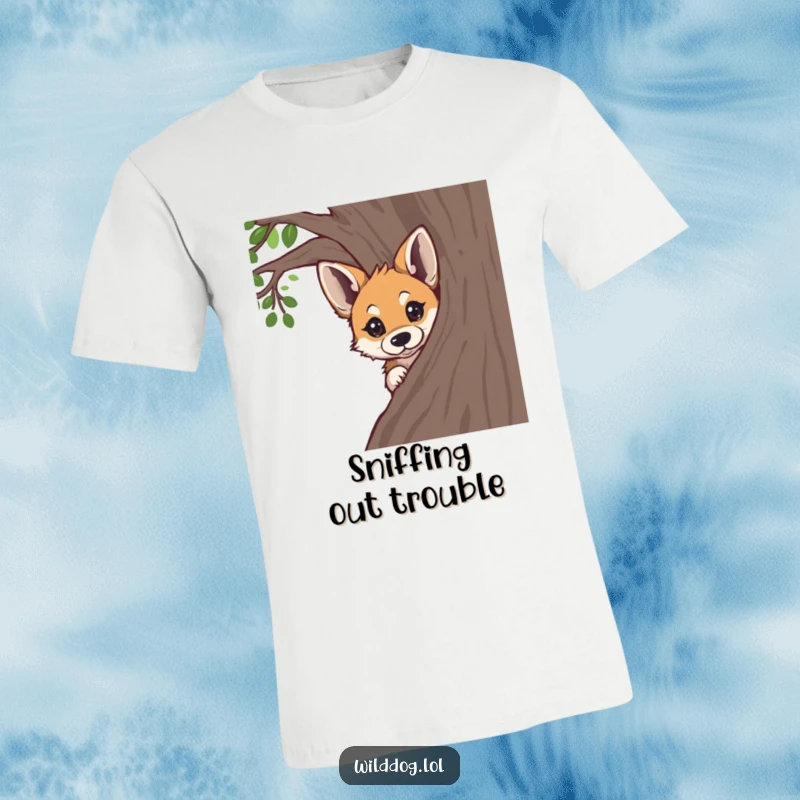 Funny wild dog peeking around a tree, with wide, curious eyes, printed on a t-shirt for a playful look.