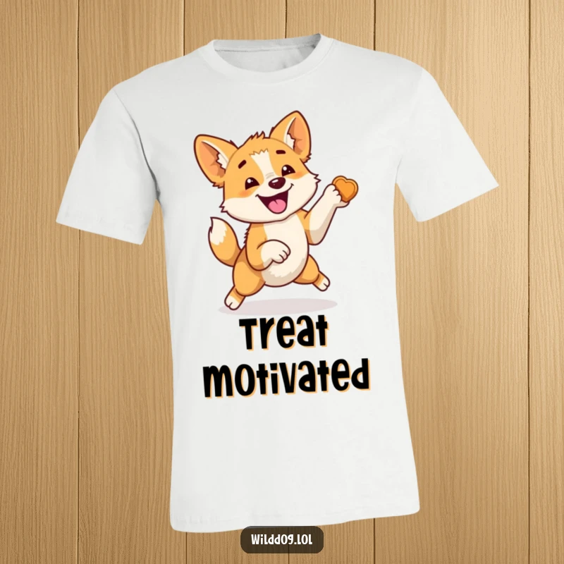 Funny t-shirt with a wild dog mid-air, tail a blur, jumping with glee for a treat, showcasing infectious canine excitement and humor.