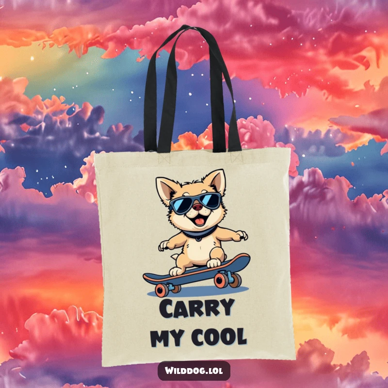 Funny wild dog tote bag illustration of a dog wearing sunglasses, riding a skateboard downhill.