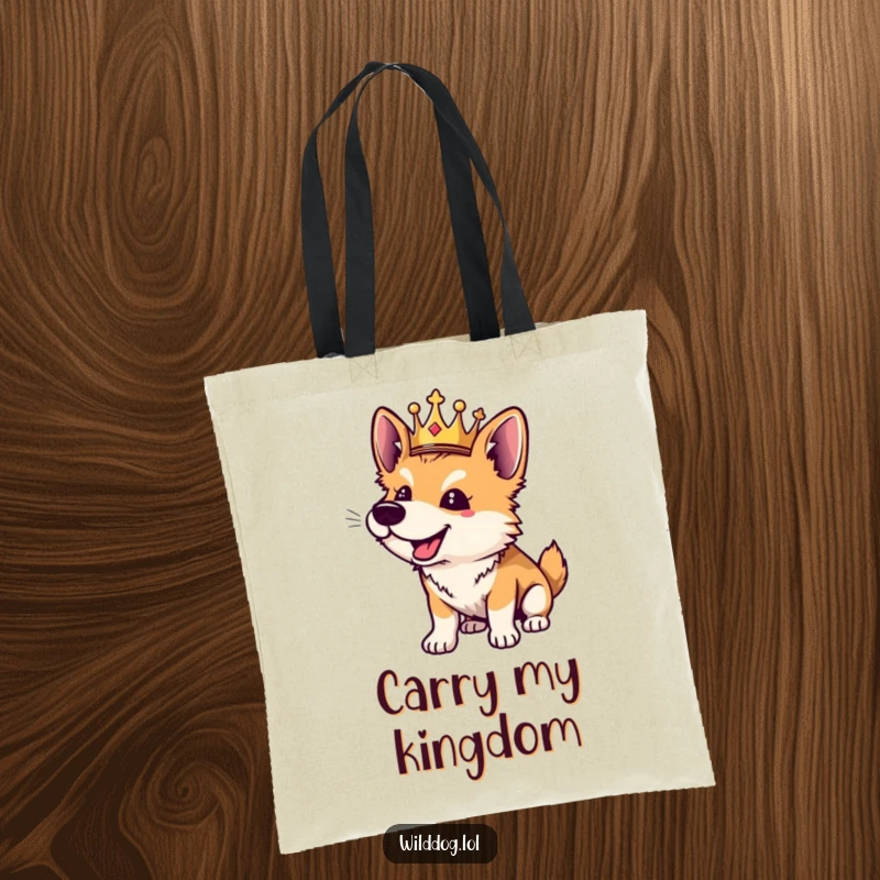 Funny wild dog tote bag illustration of a playful dog wearing a tiny crown, barking happily.
