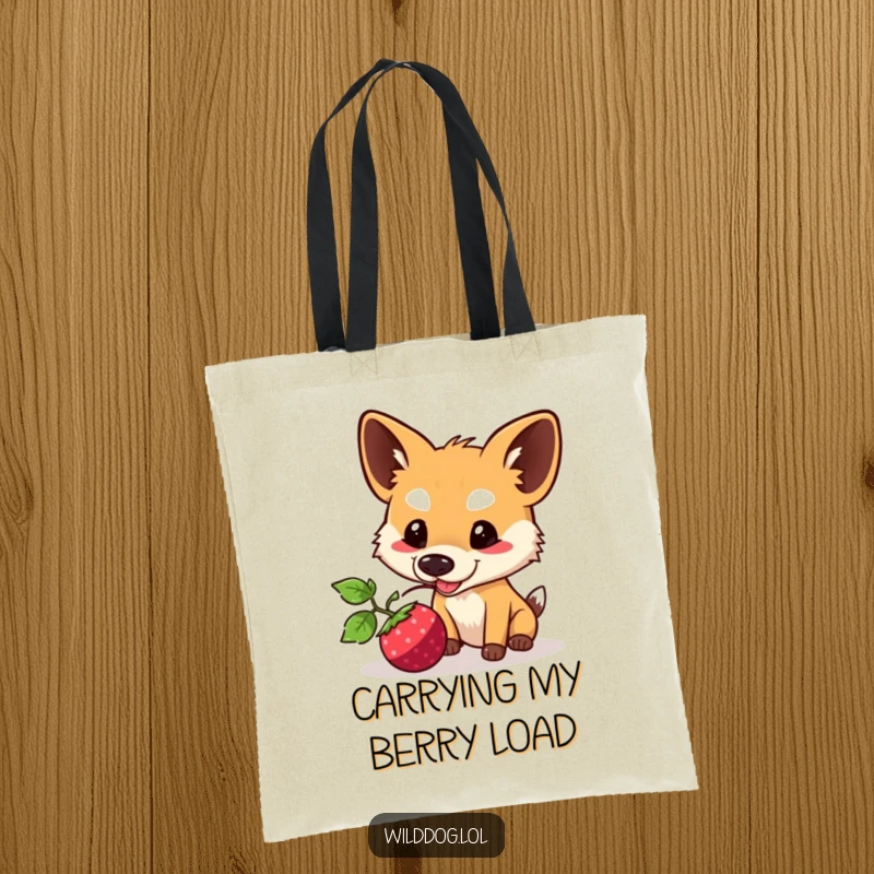 Funny Kawaii Wild Dog Tote Bag: Cute dog playfully nudging a berry, a functional and funny accessory for everyday use.