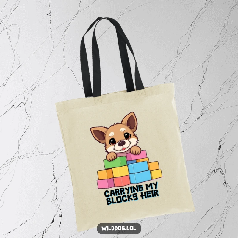 Funny wild dog peeking over a huge, colorful stack of building blocks, practical tote bag for everyday use and humor.
