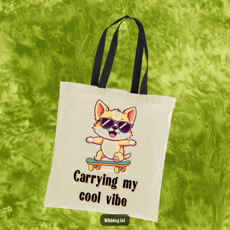 Funny tote bag showcasing a wild dog in sunglasses, riding a skateboard downhill, perfect for carrying essentials with cool flair.