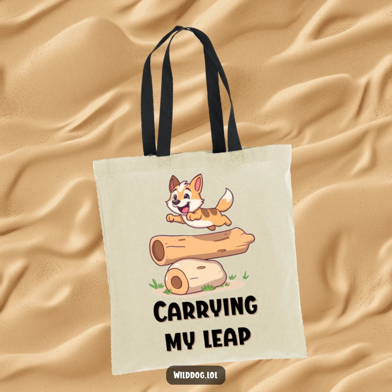 Funny tote bag illustrating an energetic wild dog joyfully leaping over a small, smiling log.