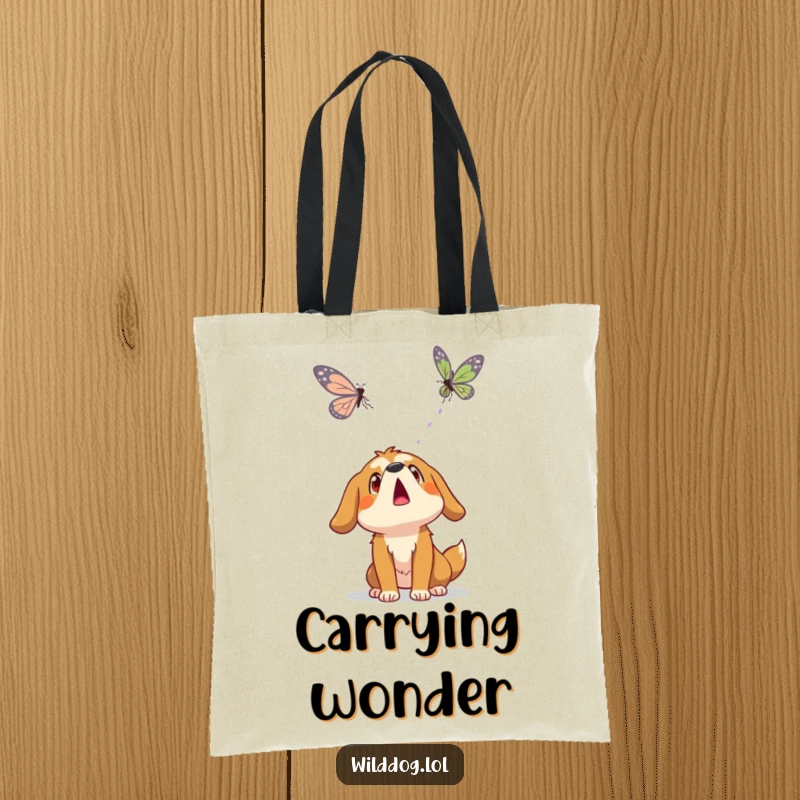 Funny wild dog character looking up in surprise at a floating butterfly, featured on a humorous and functional tote bag.