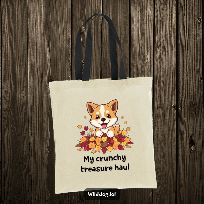 Funny wild dog playfully pouncing into a pile of autumn leaves on a durable tote bag, ready for errands.