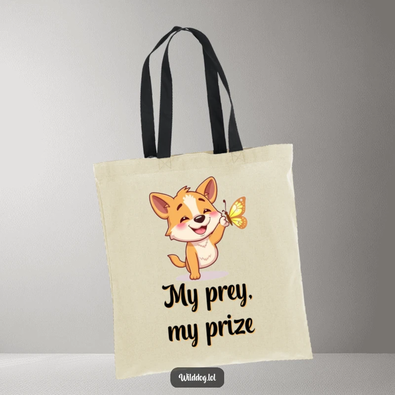 Funny tote bag with a happy wild dog character chasing a delicate shimmering butterfly with playful determination.