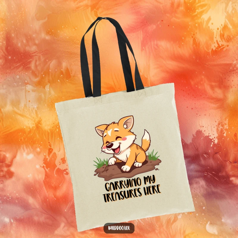 Funny tote bag showcasing a wild dog joyfully digging a hole, perfect for carrying groceries or other essentials with a dose of canine enthusiasm.