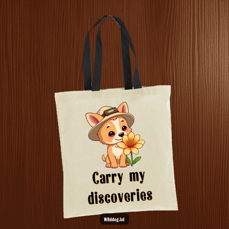 Funny explorer dog tote bag, a dog in a small hat sniffing a giant flower, ideal for carrying essentials on adventures.