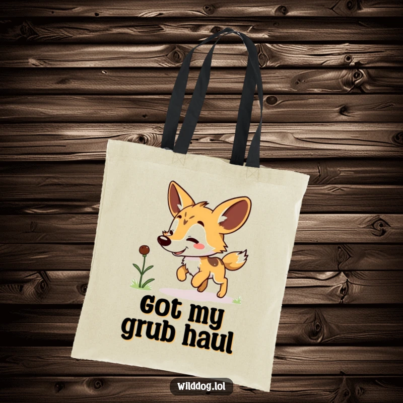 Funny Kawaii Wild Dog Tote Bag: Cute dog doing a little hop for a grub, a functional and funny accessory for everyday use.