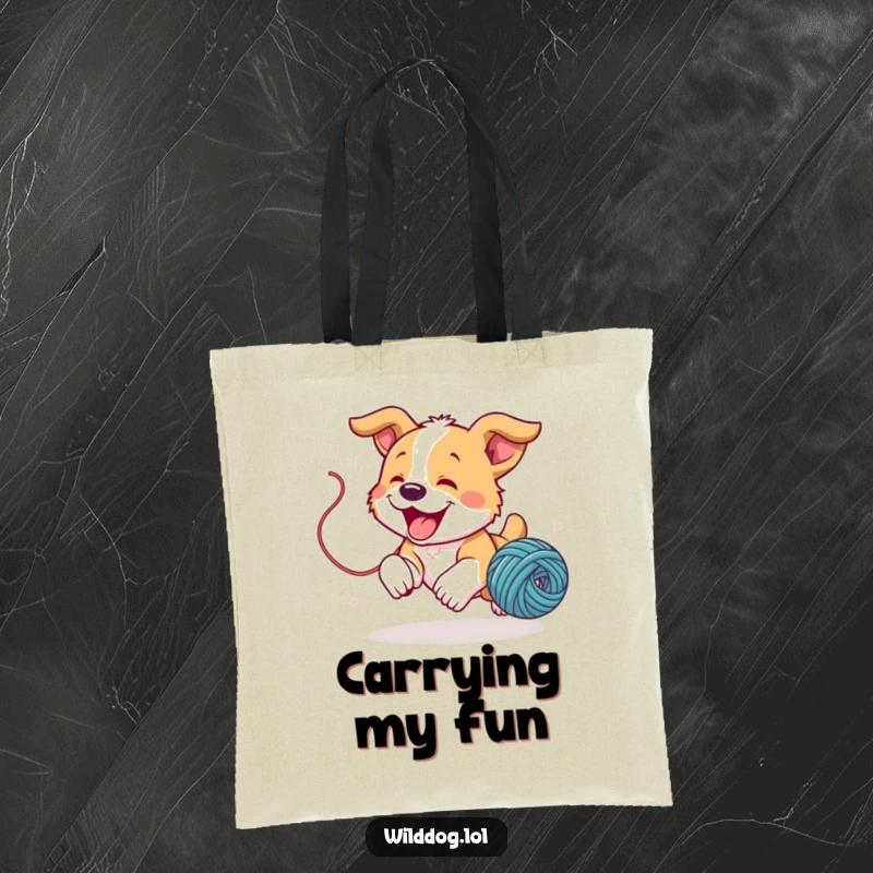 Funny wild dog puppy joyfully chasing a bouncing ball of yarn on a durable tote bag, perfect for essentials.