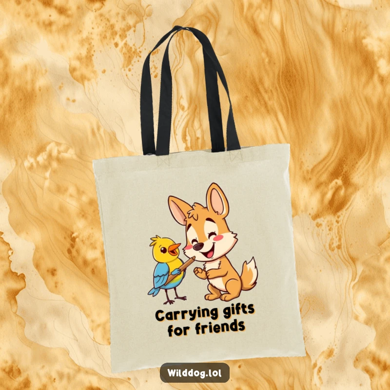 Funny wild dog offers a stick to a bird, depicted on a tote bag for carrying essentials with humor. Funny gift tote.