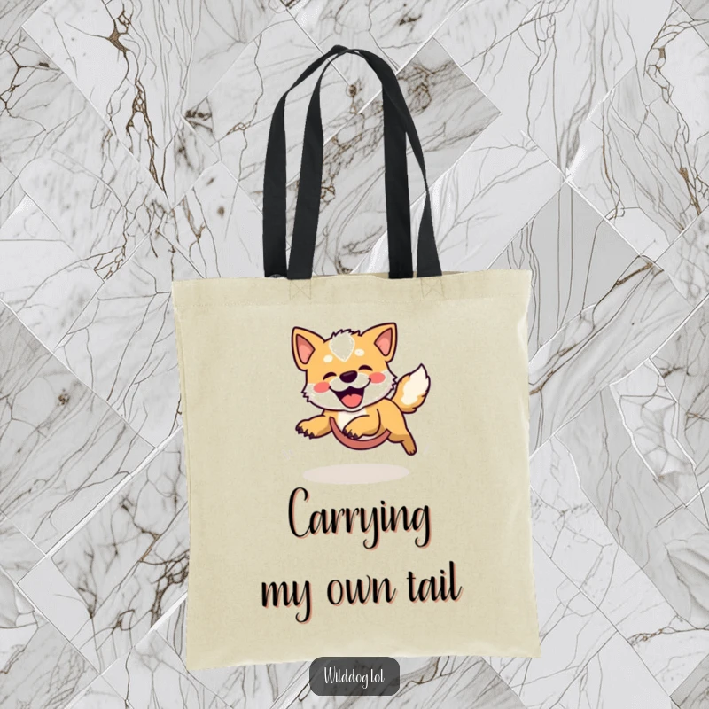 Funny tote bag illustration of a happy wild dog energetically chasing its tail in a comical, never-ending circle of glee.