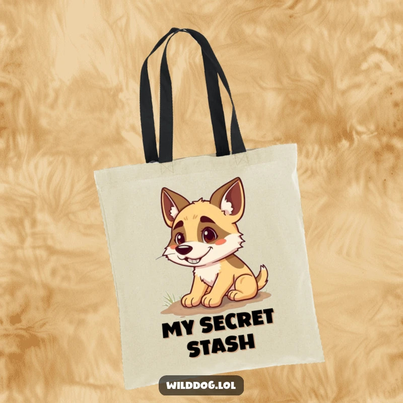Funny tote bag featuring a wild dog with a wide, contented grin, paws deep in the dirt as it digs a small hole, a picture of happy effort.