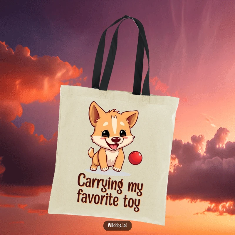 Funny tote bag depicting a wild dog happily bouncing a tiny red ball, a humorous and practical accessory.
