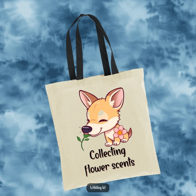 Funny wild dog tote bag illustrating a curious dog with a tilted head sniffing a blooming flower, a humorous and functional accessory for daily life.