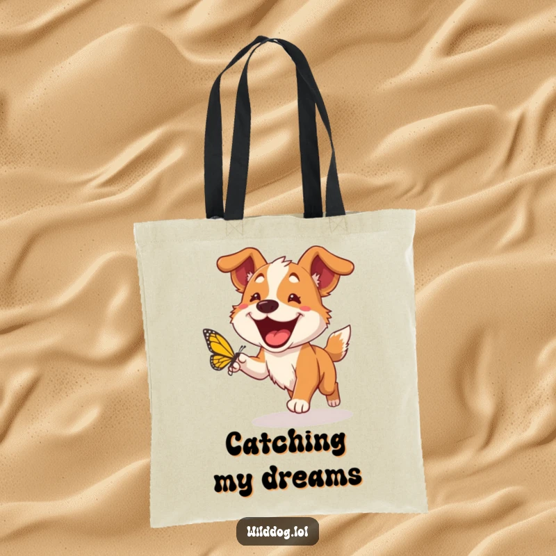 Funny wild dog tote bag illustrating a happy dog with a huge grin chasing a butterfly, a humorous and functional accessory for daily life.