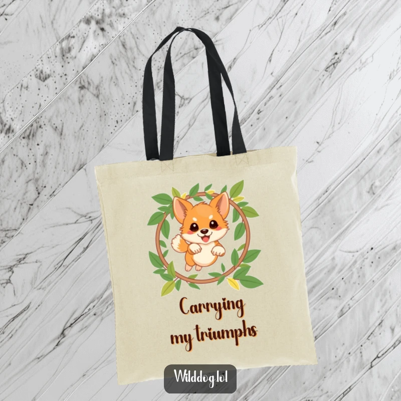 Funny wild dog tote bag illustrating a playful dog leaping through a hoop made of leaves, a humorous and functional accessory for active days.