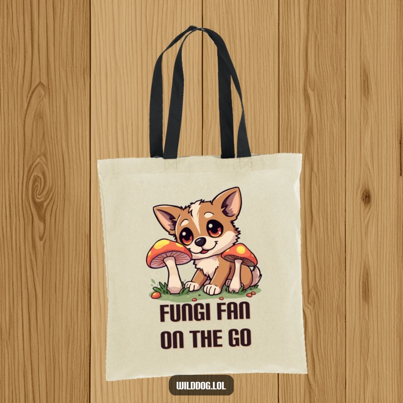 Funny tote bag with a wild dog's wide-eyed expression as it discovers a bioluminescent mushroom.