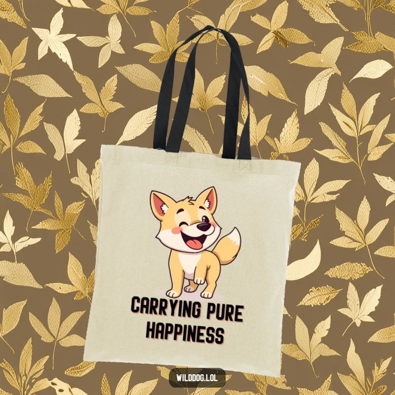 Funny tote bag with a wild dog's tail wagging enthusiastically.