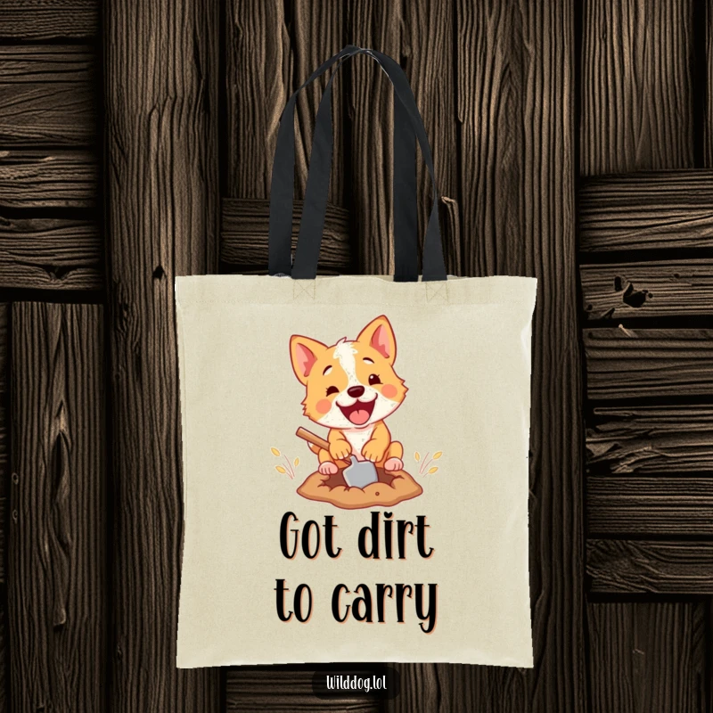 Funny tote bag illustration of a determined wild dog with a tiny shovel, digging a comical hole with utmost concentration and glee.