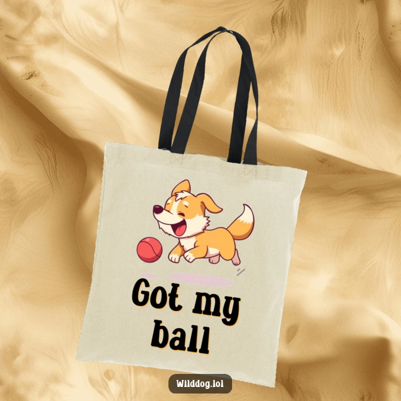 Funny tote bag illustrating a happy wild dog joyfully chasing a bright, bouncing ball with its tail wagging.