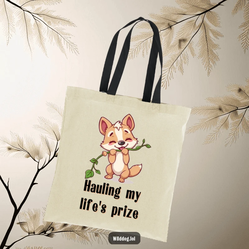 Funny tote bag with a wild dog character playfully engaged in tug-of-war with a long vine, perfect for carrying essentials with a smile.